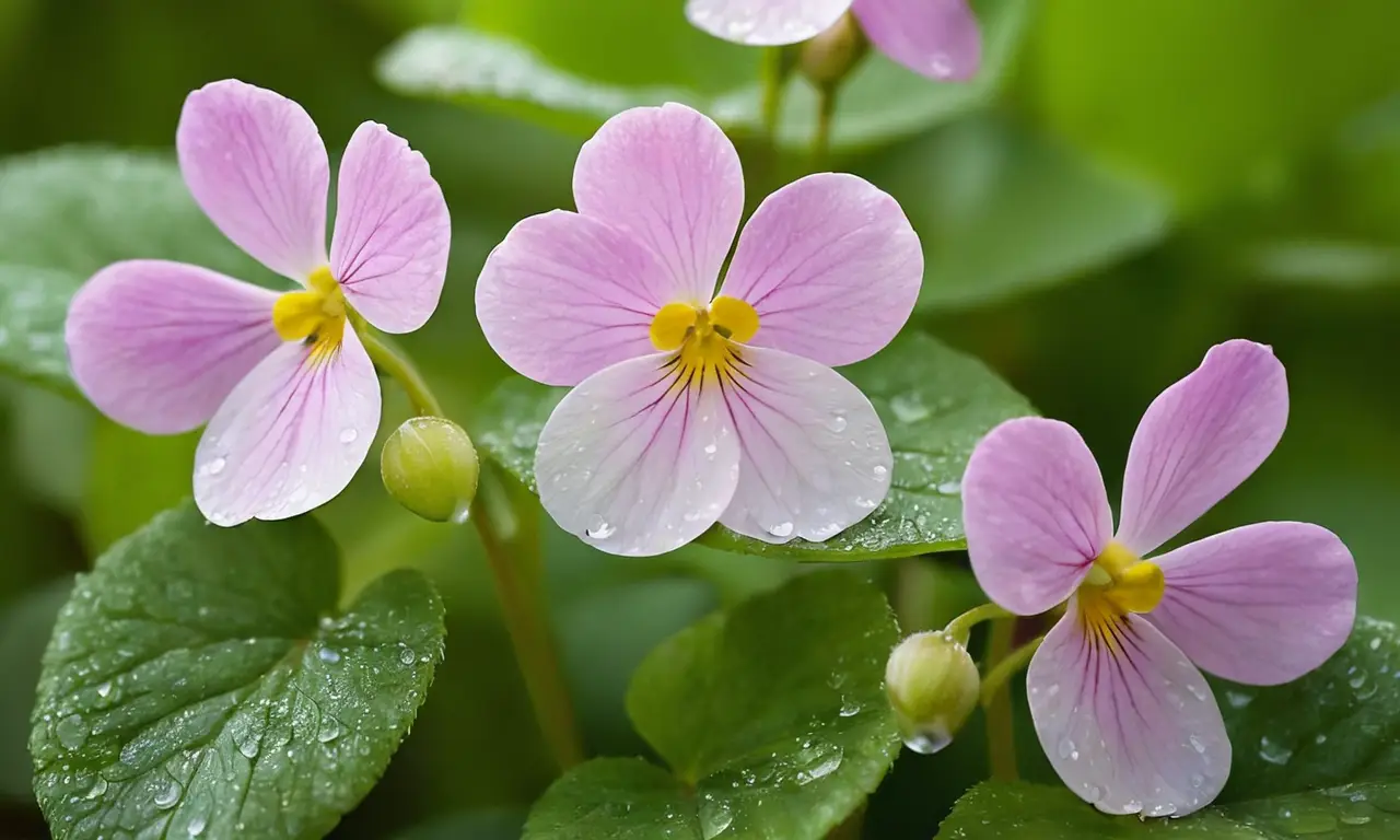 Violetas japonesas entre hojas verdes brillantes