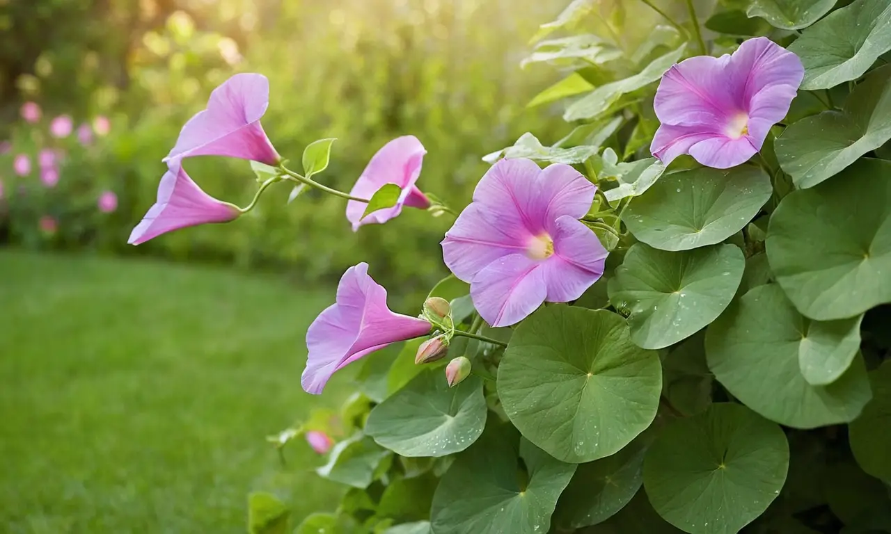 Flores de gloria matutina en un jardín