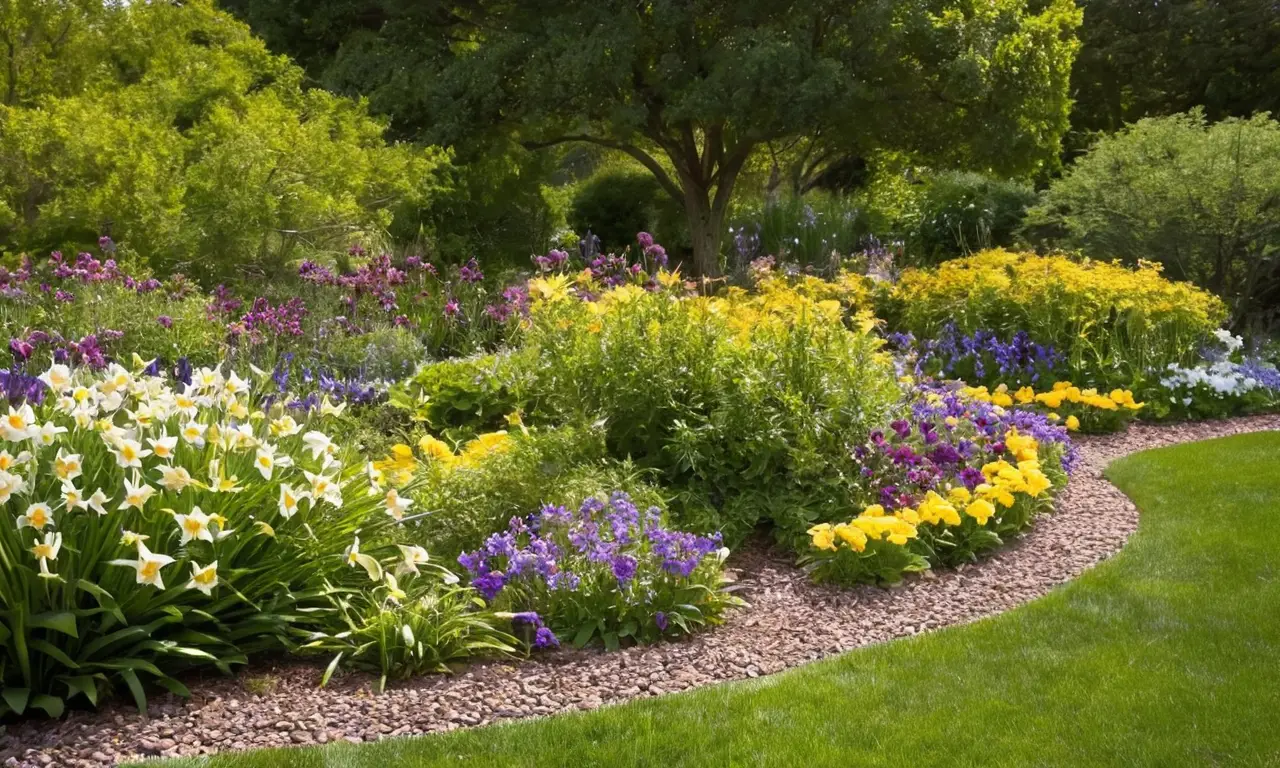 Jardín vibrante con flores y fauna