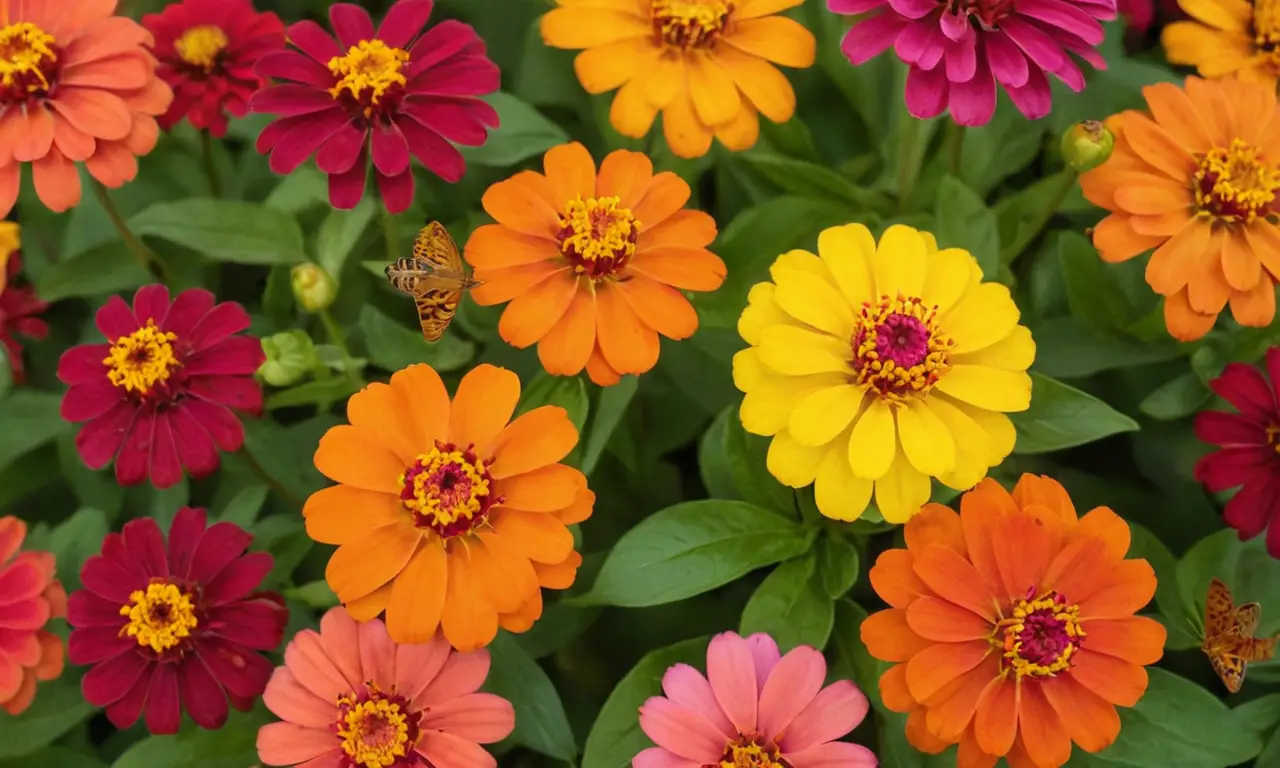 Coloridas flores de zinnia en un jardín