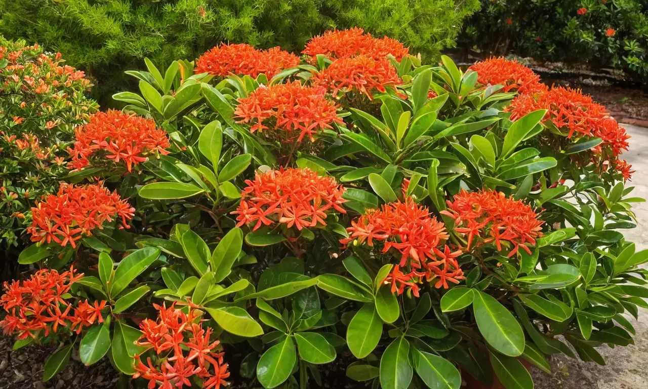 Ixora vibrante en maceta terracota armoniosa