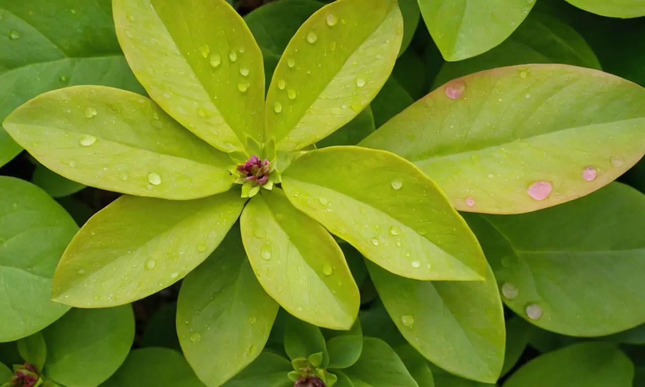Hojas verdes brillantes y flores delicadas