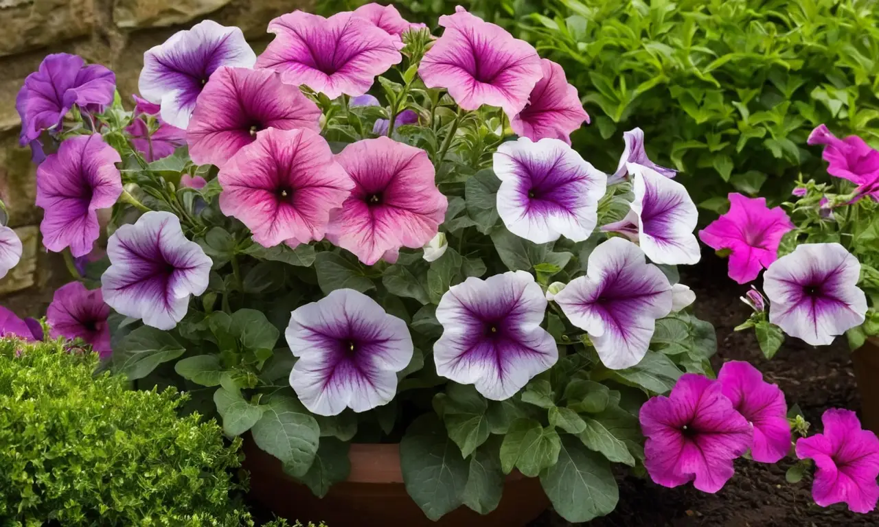 Hermosas petunias rodeadas de verde brillante