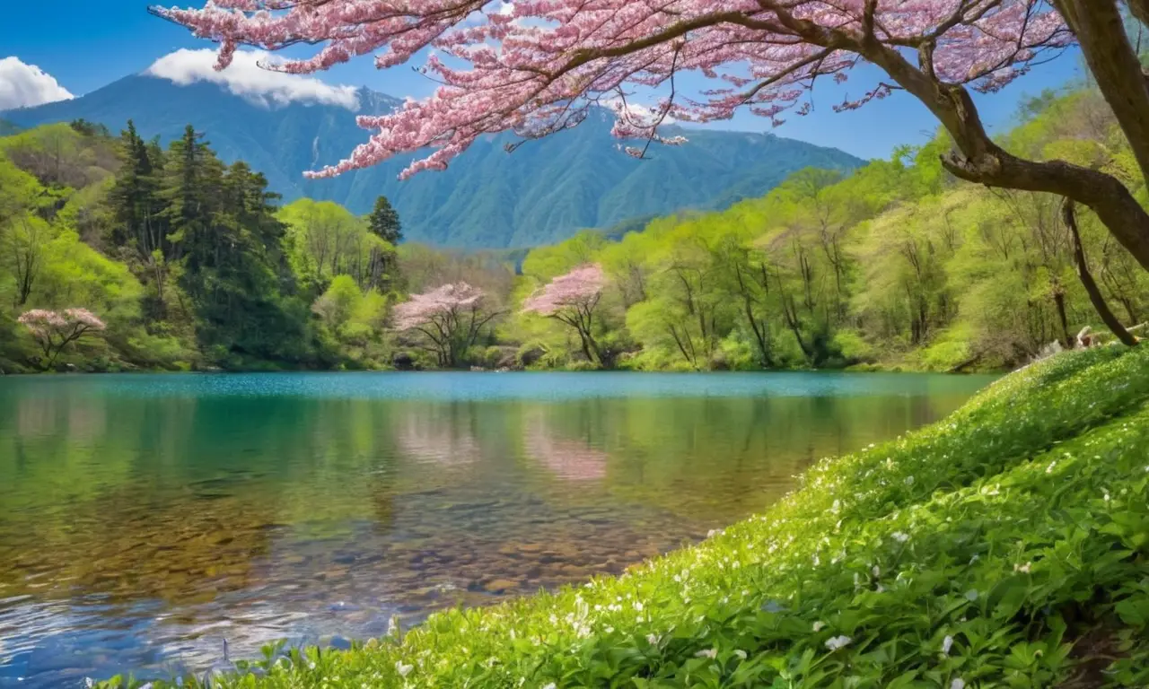 Paisaje sereno con montañas, lago y vida