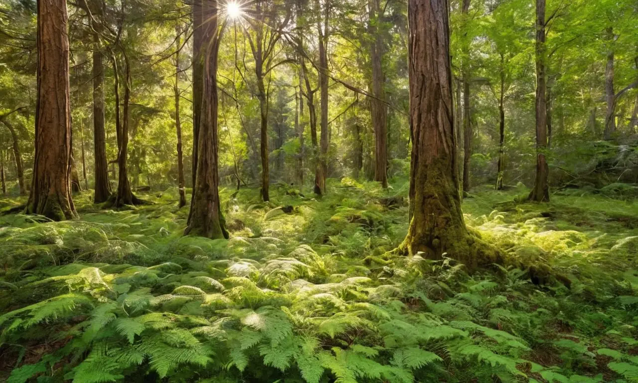 Bosque denso con luz y vida silvestre