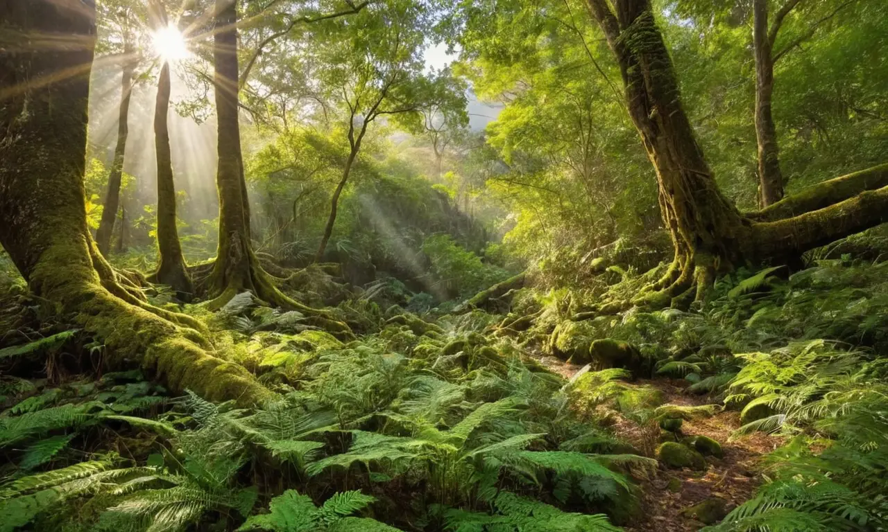 Bosque vibrante con vida y ruinas antiguas