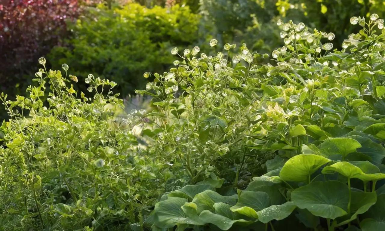 Jardín sereno con flores y luz matutina