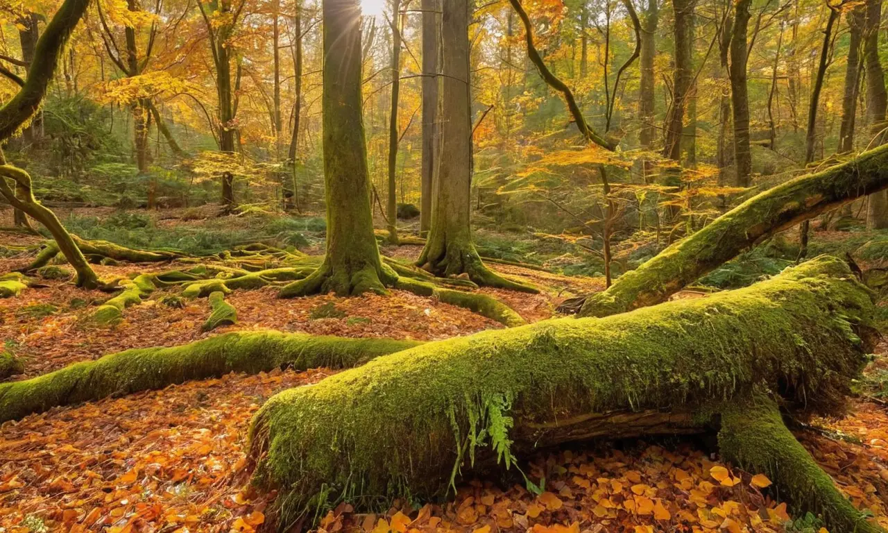 Bosque iluminado por luz dorada y vida