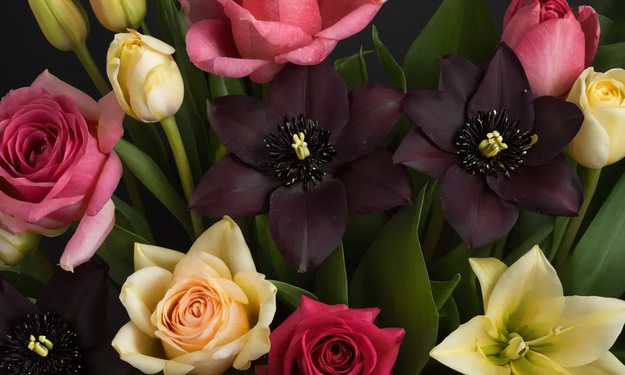 Ramo elegante de flores negras variadas