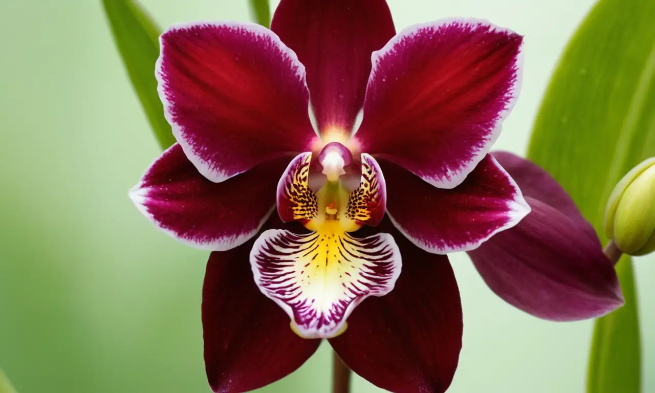 Orquídea marón con hojas verdes brilla