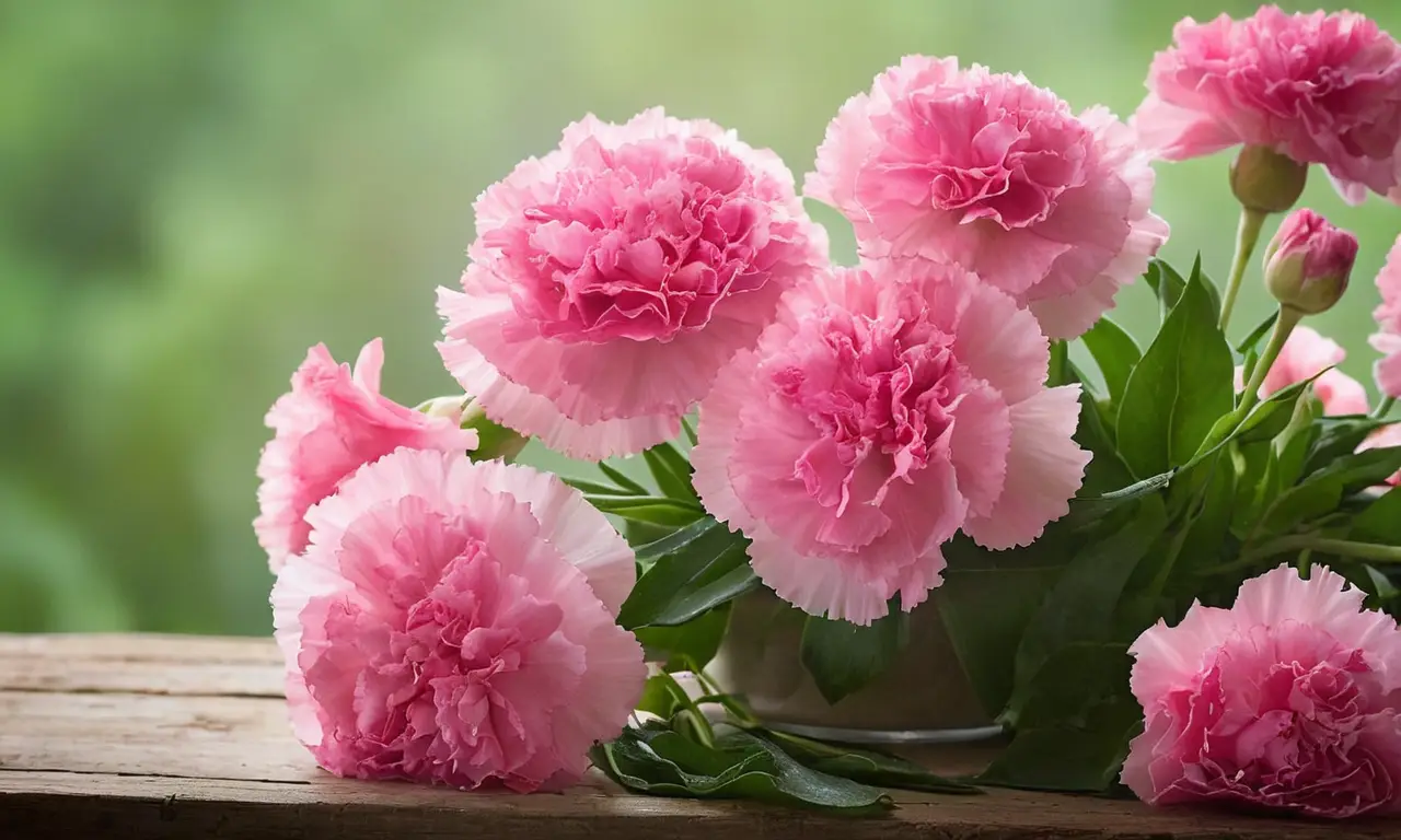 Claveles rosas brillantes sobre mesa rústica