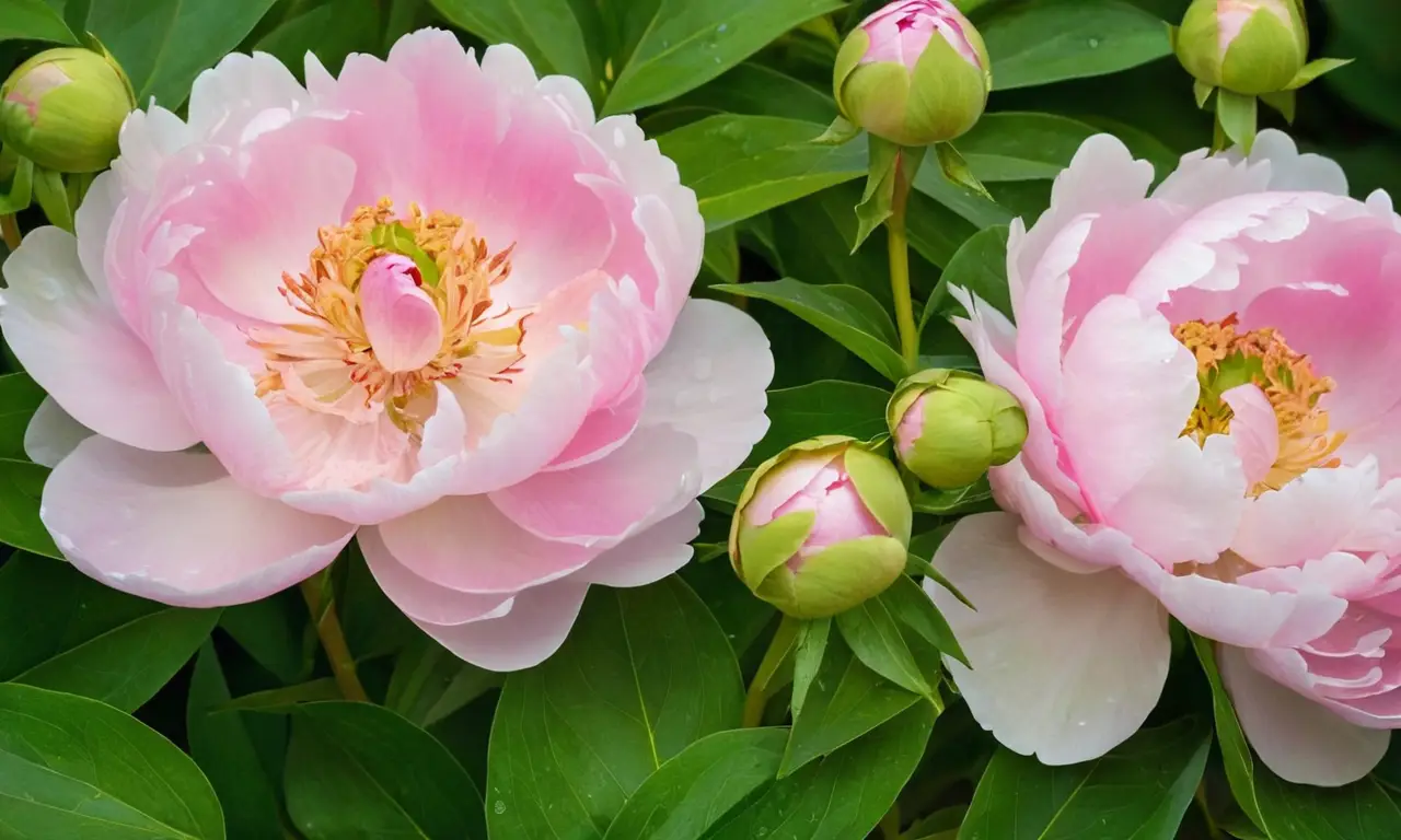 Peonías rosadas rodeadas de foliaje verde