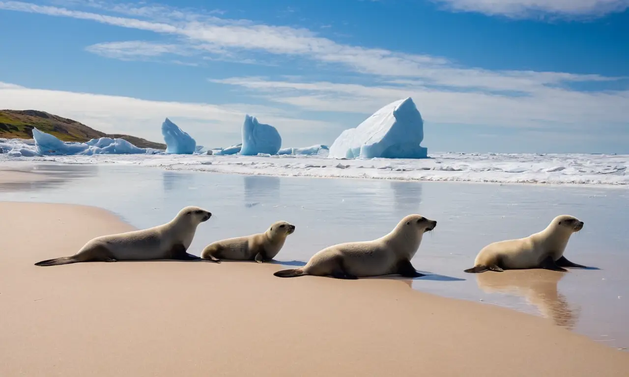 Sellos descansan en playa con hielo cercano