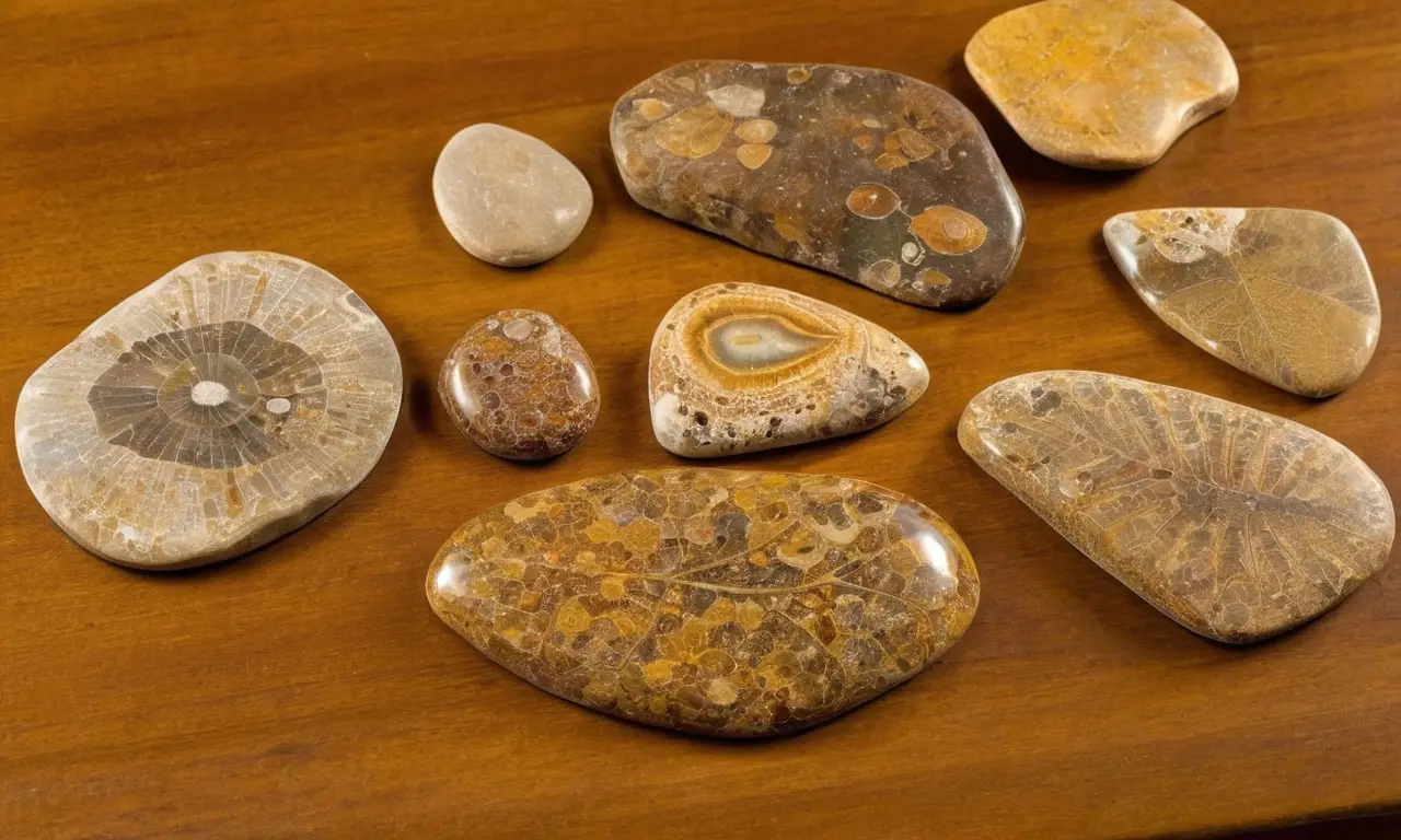 Especímenes fósiles iluminados en mesa natural