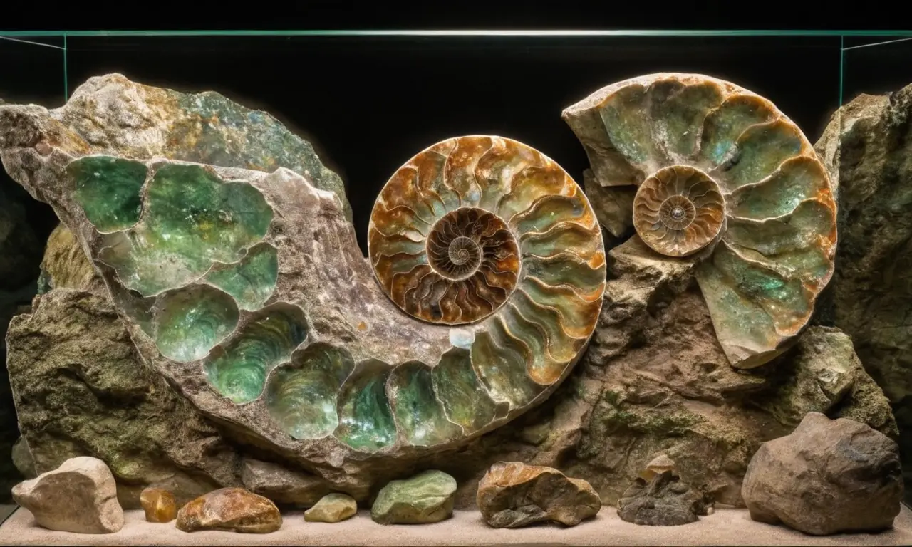 Fósiles iluminados en vitrina del museo
