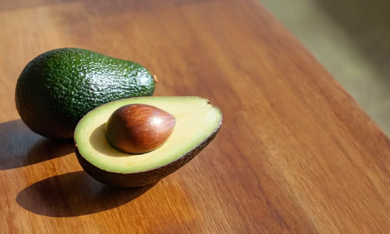 Aguacate maduro sobre mesa de madera