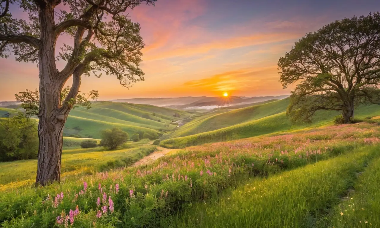 Un amanecer resplandece sobre un paisaje natural