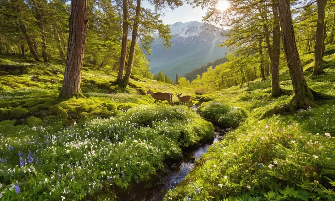 Bosque vibrante con flora, fauna y paisajes