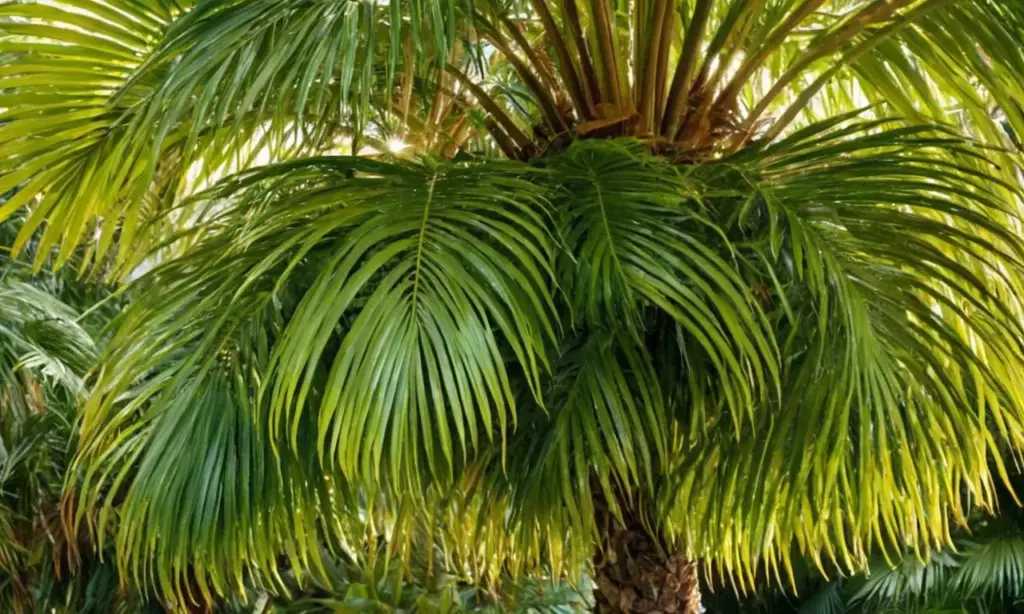 Palmera con dátiles brillantes y frondas verdes