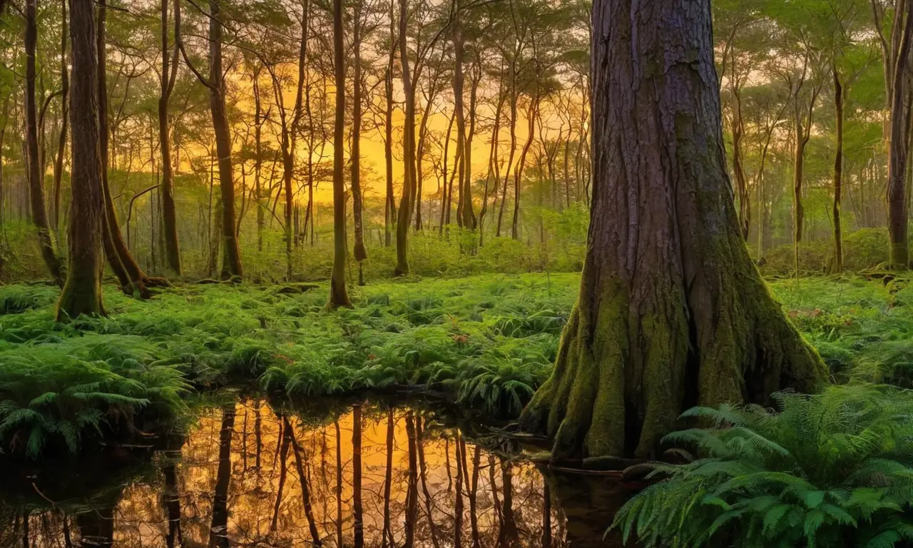 Bosque sereno iluminado por criaturas bioluminiscentes