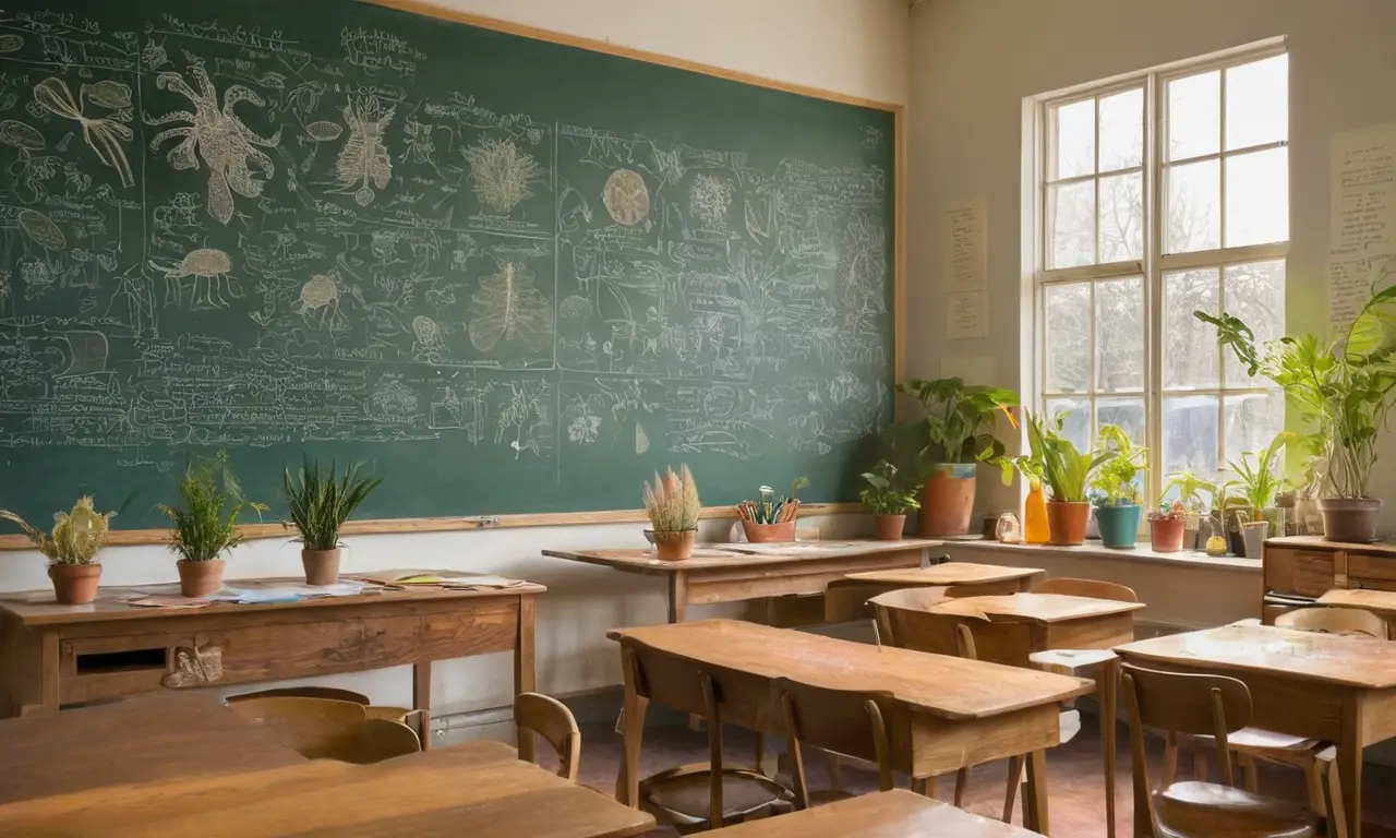Aula vibrante con biología y vida estudiantil