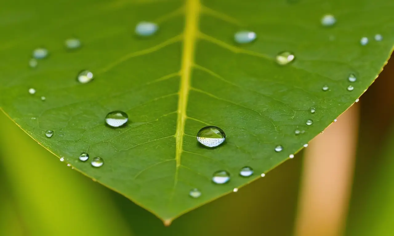 Gota de agua resalta en hoja verde