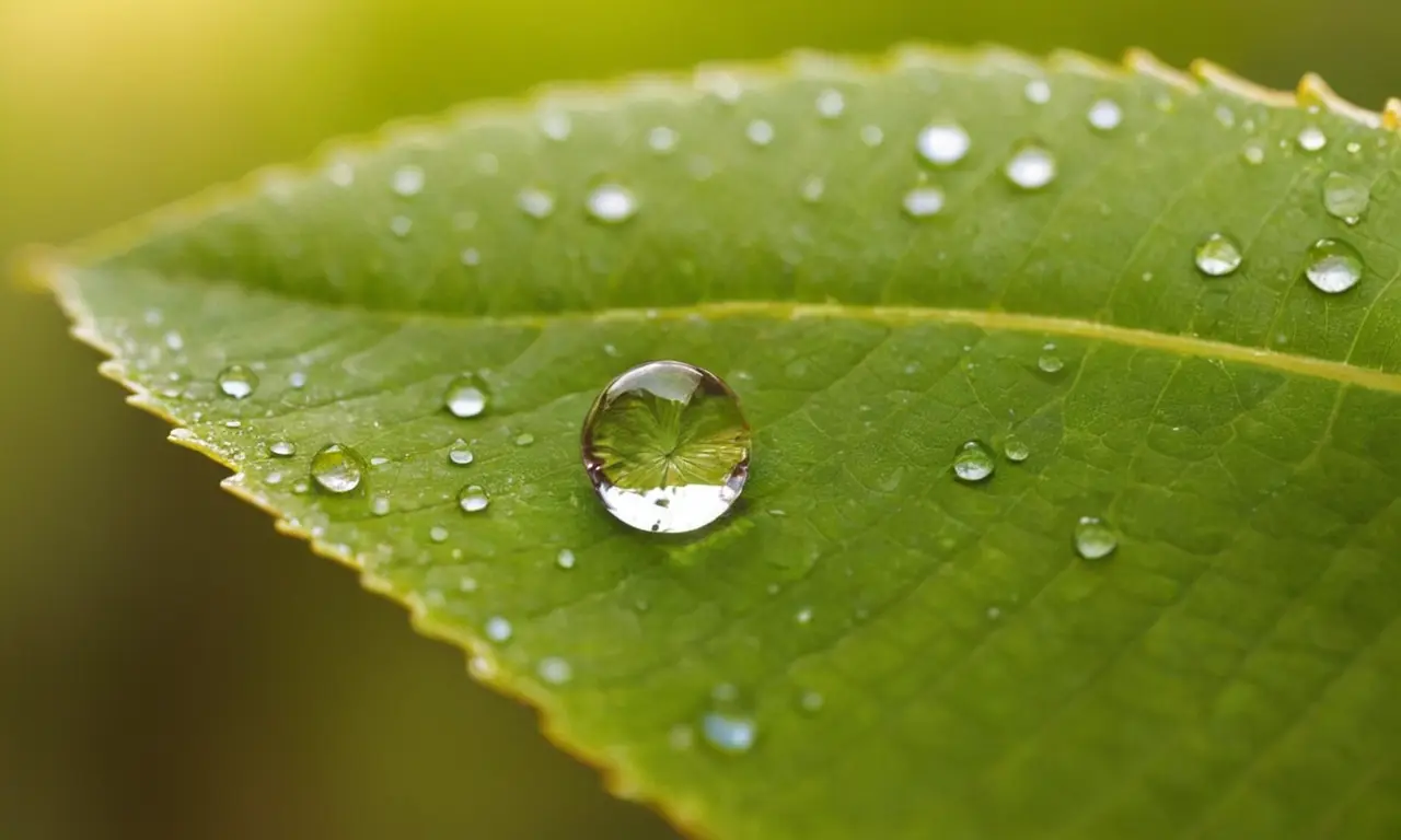 Gotas de agua brillan en hoja verde