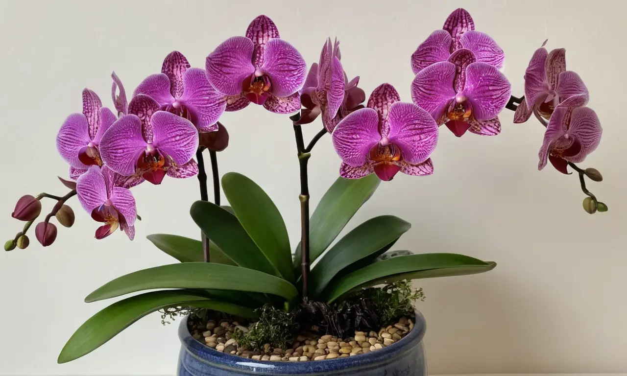 Orquídea Phalaenopsis vibrante con hojas saludables