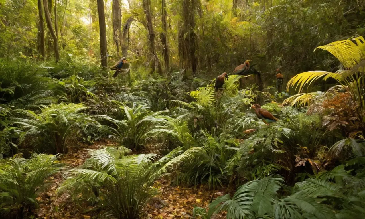 Escena vibrante de aves en un bosque
