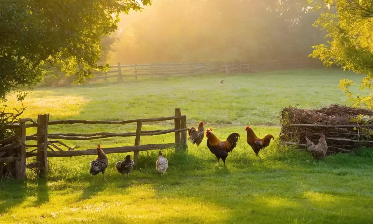 Escena de granja serena con aves foraging