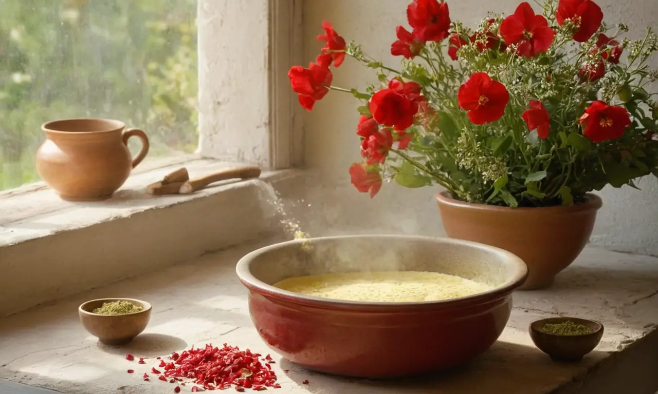 Mesa rústica con flores y pancakes dorados