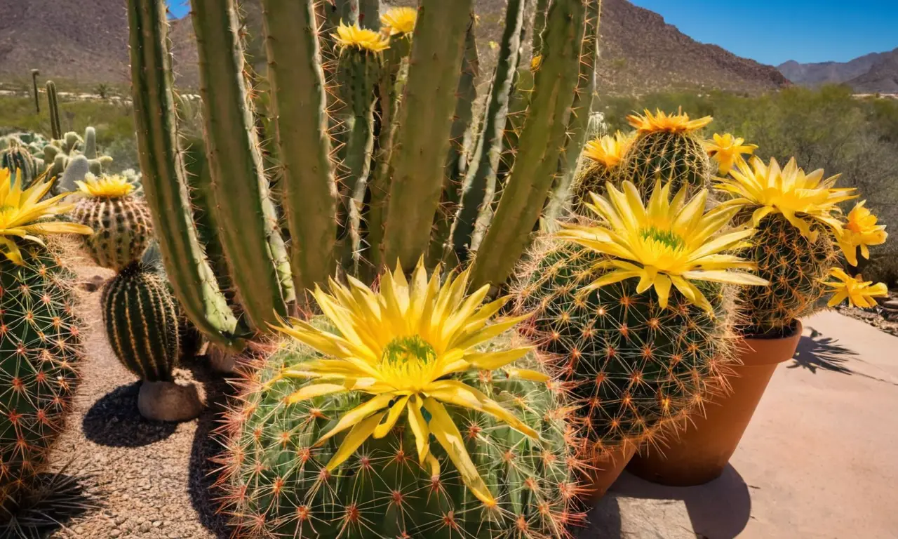 Cactus vibrante en maceta terracota brillante