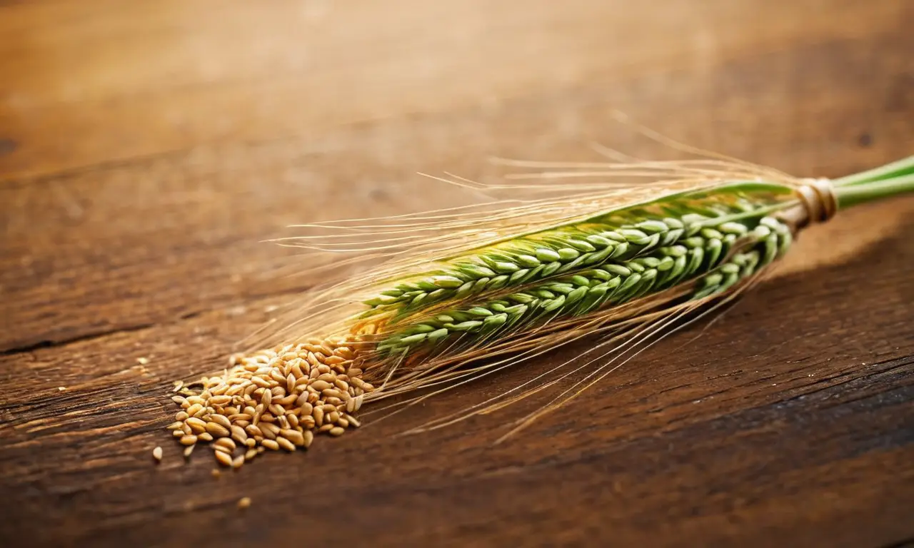 Grano de trigo brilla sobre madera oscura