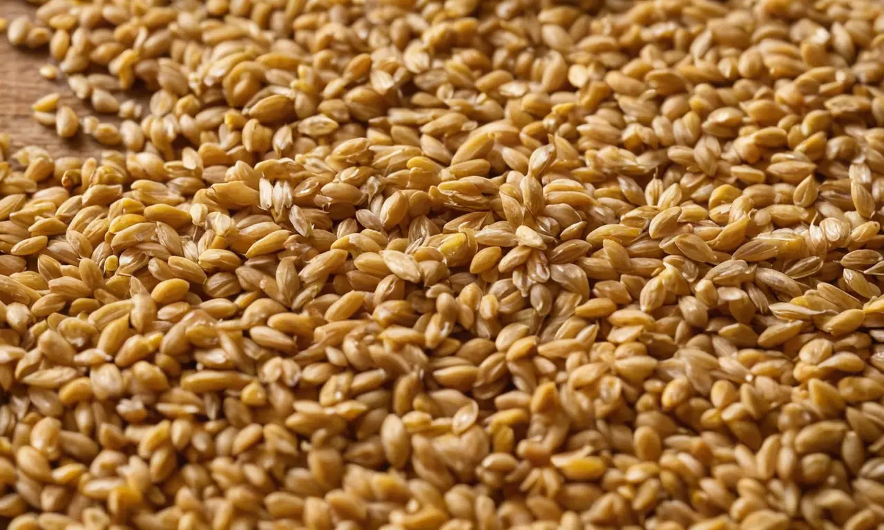 Granos de trigo germinado sobre madera rústica