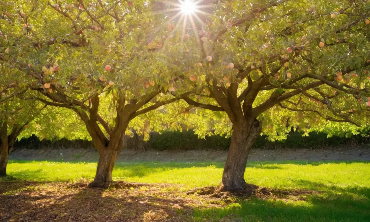 Un hermoso huerto de duraznos iluminado