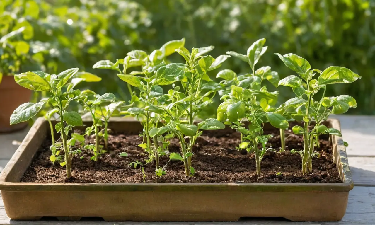 Jardín soleado con plántulas de tomate