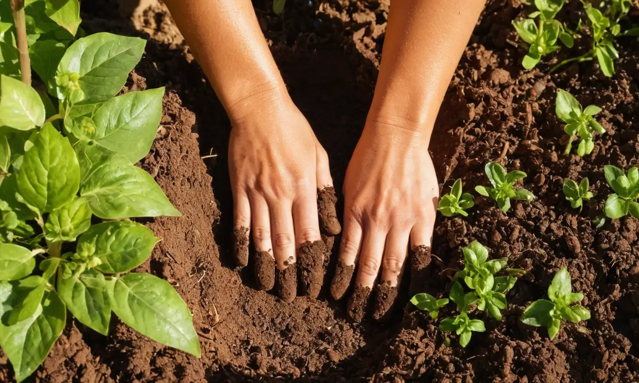 Jardín vibrante con manos trabajando la tierra