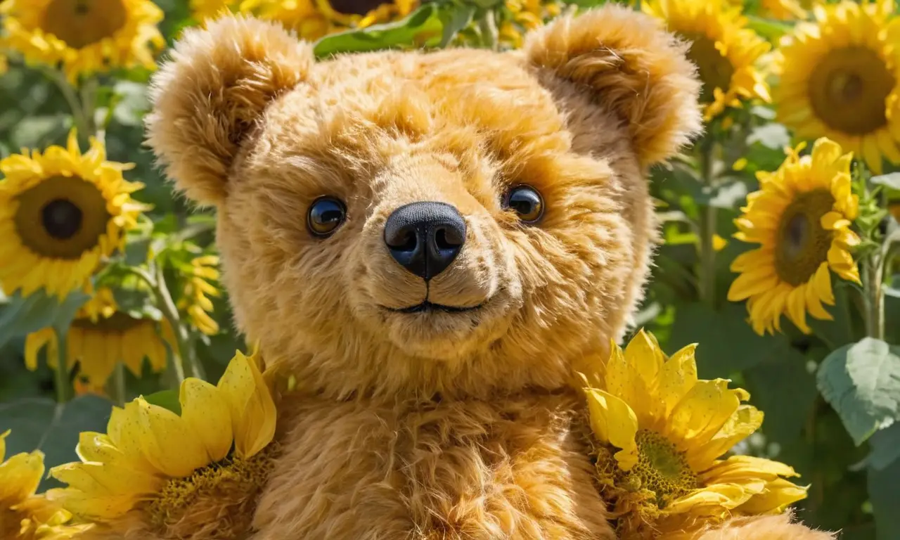 Osito suave rodeado de brillantes girasoles