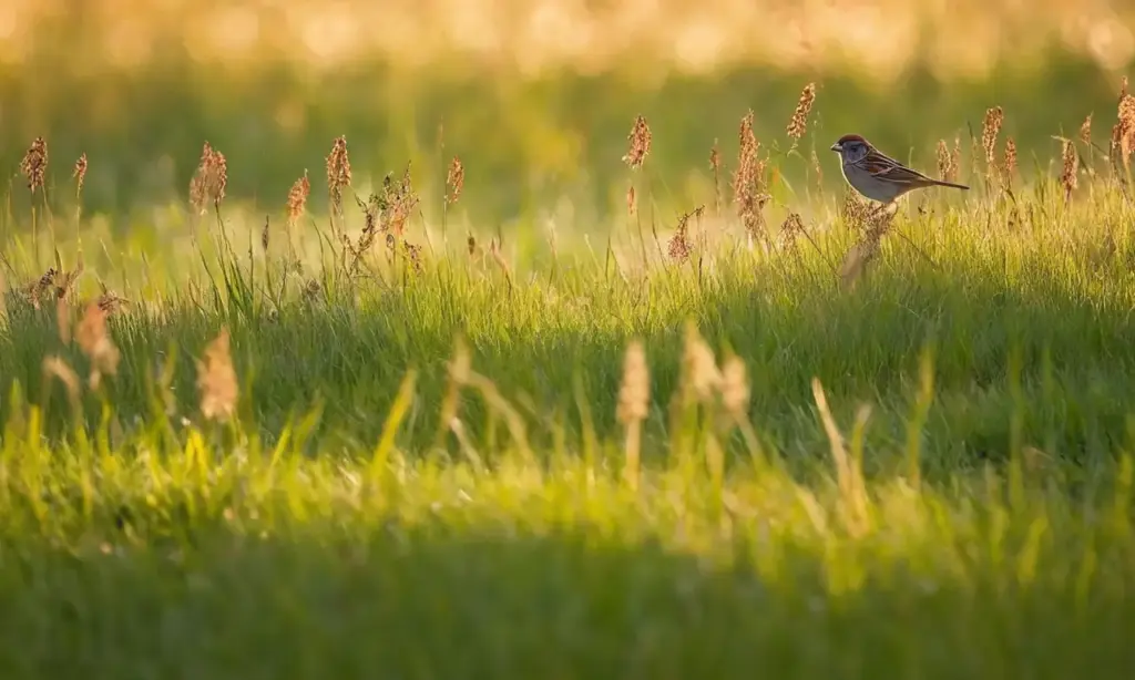 Pradera iluminada llena de vida y movimiento