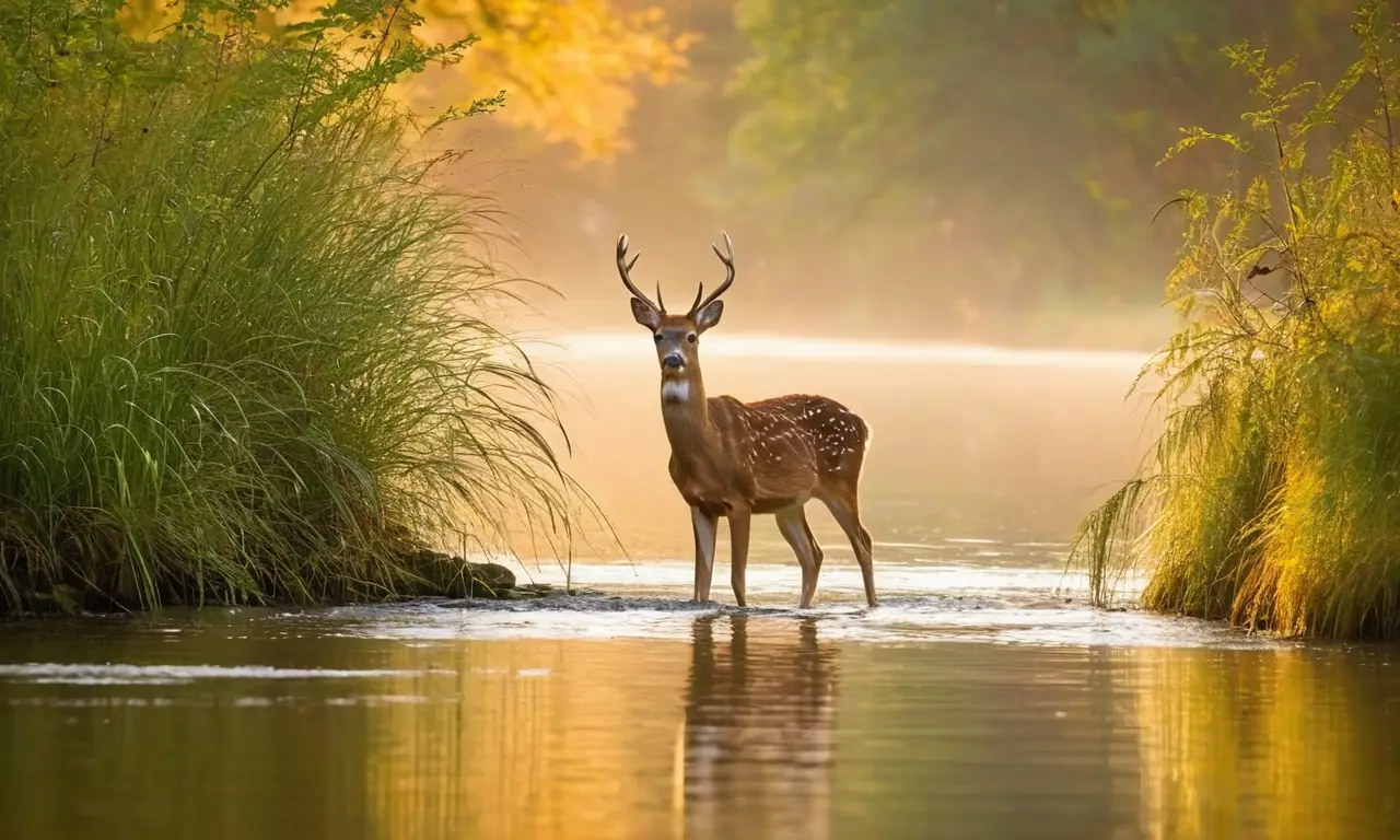 Bosque sereno al amanecer con ciervo