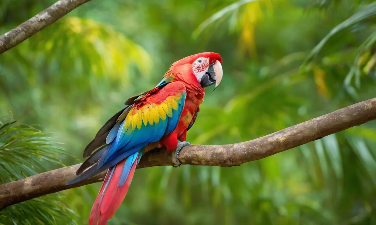 Guacamayo rojo resplandece en selva verde
