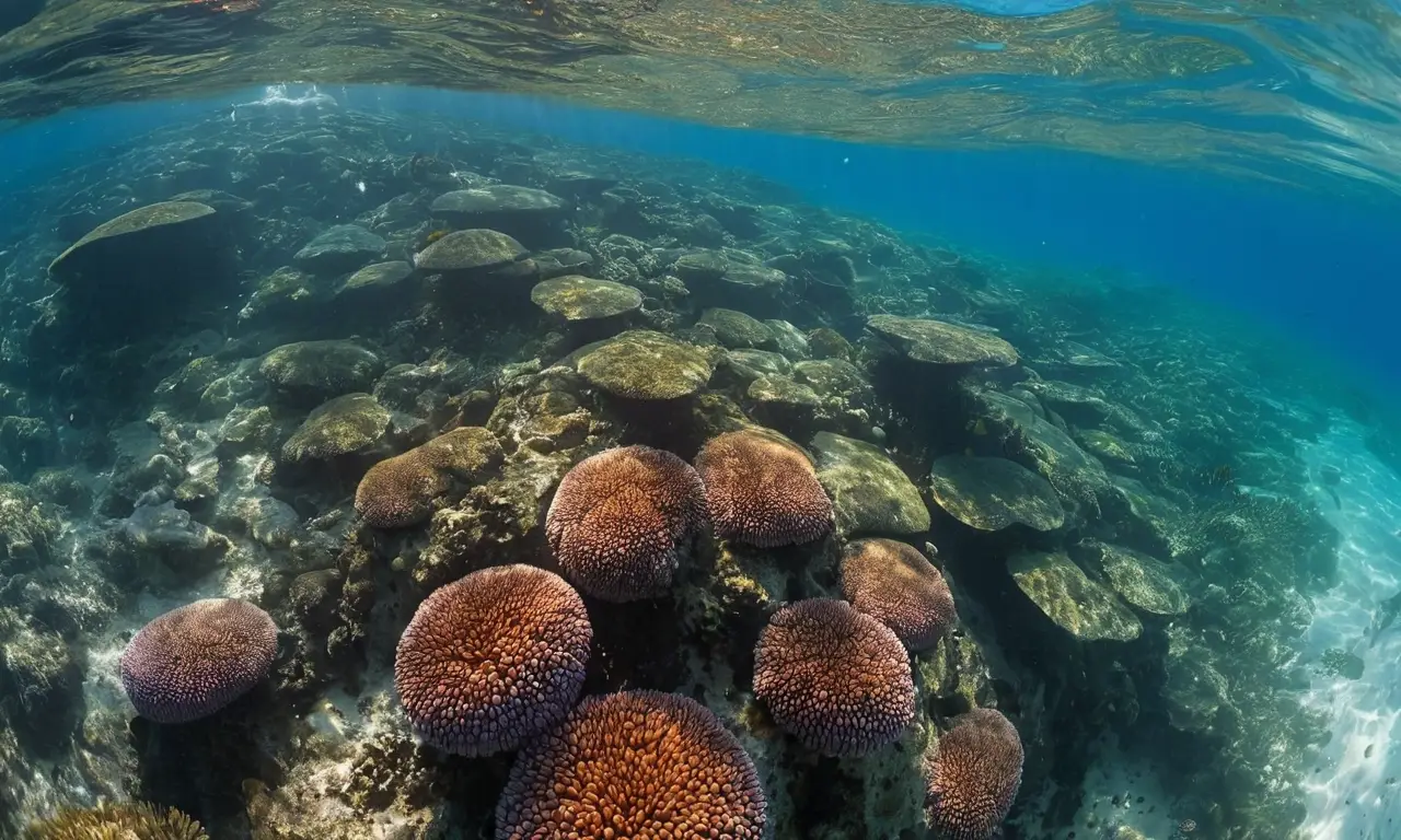 Mar azul con corales, delfines y tranquilidad