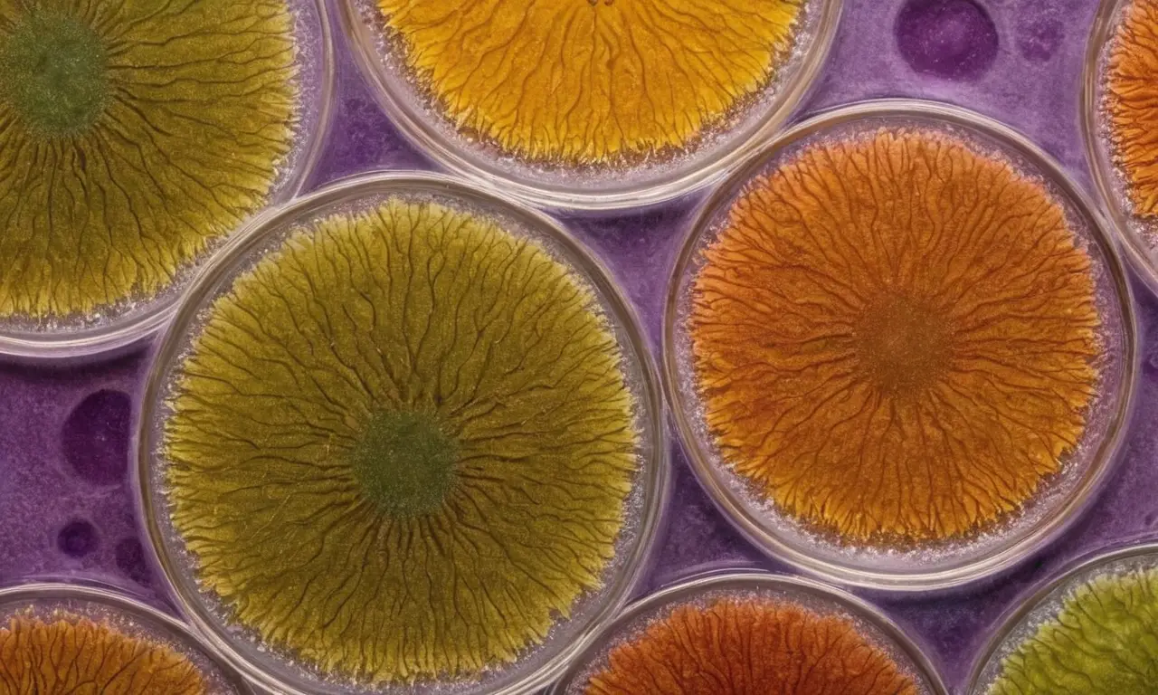 Colonias bacterianas coloridas en un plato
