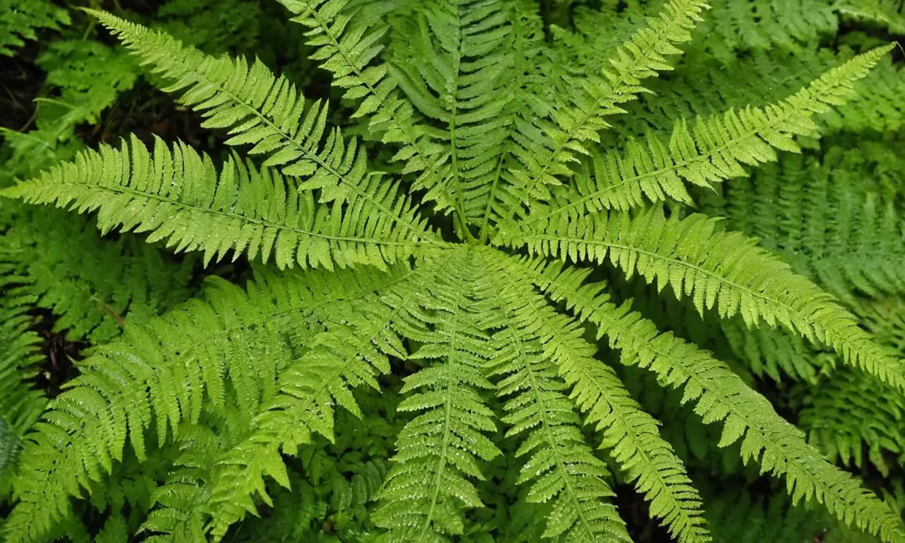 Fernas verdes brillantes en un jardín oscuro