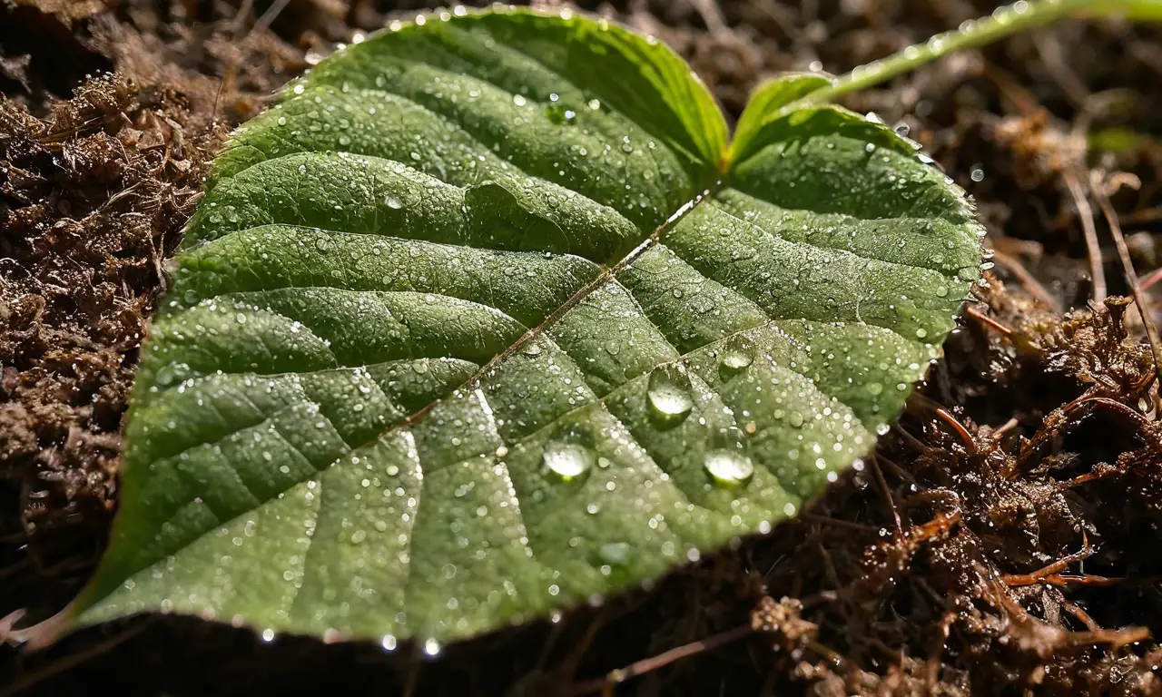 Hoja verde con rocío y garrapata