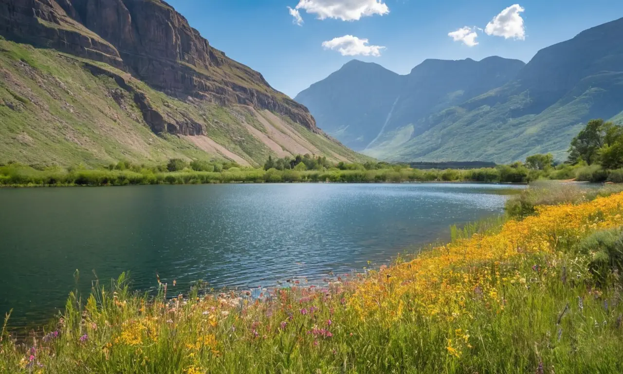 Paisaje sereno con agua, montañas y vegetación