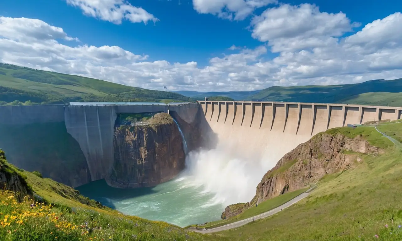 Imponente represa rodeada de naturaleza y maquinaria