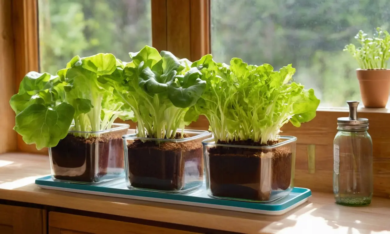 Cocina luminosa con hidroponía y plántulas verdes