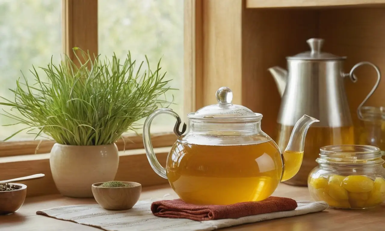 Cocina iluminada con té, hierbas y calidez