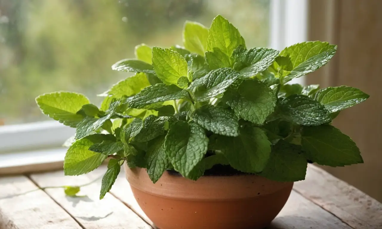 Hojas de menta verdes brillantes en maceta